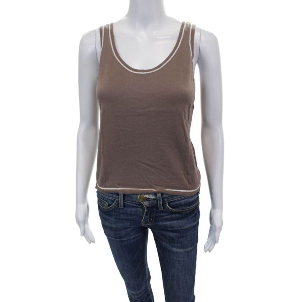 Leggiadro Womens Ringer Tank Brown Cotton Scoop Neck Sleeveless Size M